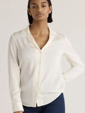 Quince Ivory washable Silk Blouse Size Small Button Long Sleeve Lux